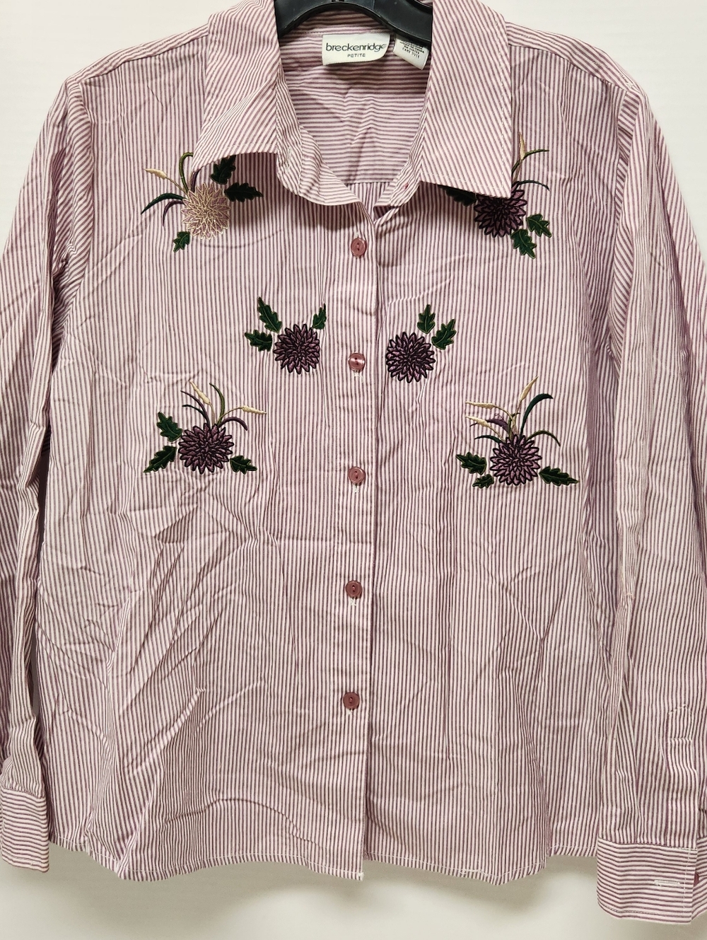 Breckenridge Petite PL Striped Button Down Shirt Embroidered Floral